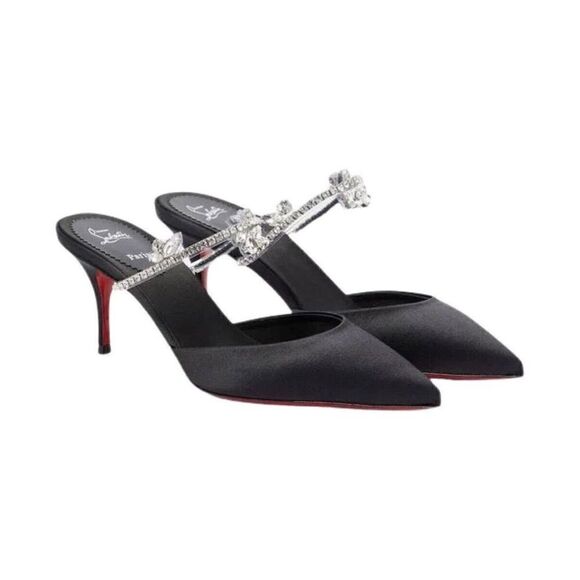 Christian Louboutin Planet Queen Crystal Embellished Satin Mule Pumps Black 39 - Picture 3 of 11